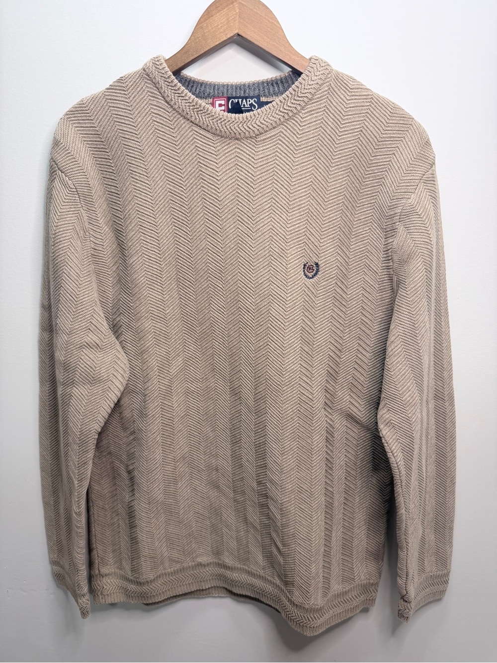 Chaps Men's Beige Crewneck Herringbone Knit Sweater
